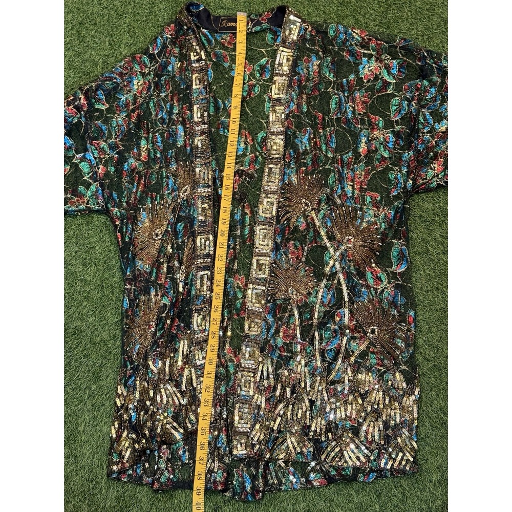 Vintage Ramana Duster Jacket One Size Black Floral Metallic Lame Kimono Cover Up - Picture 10 of 13